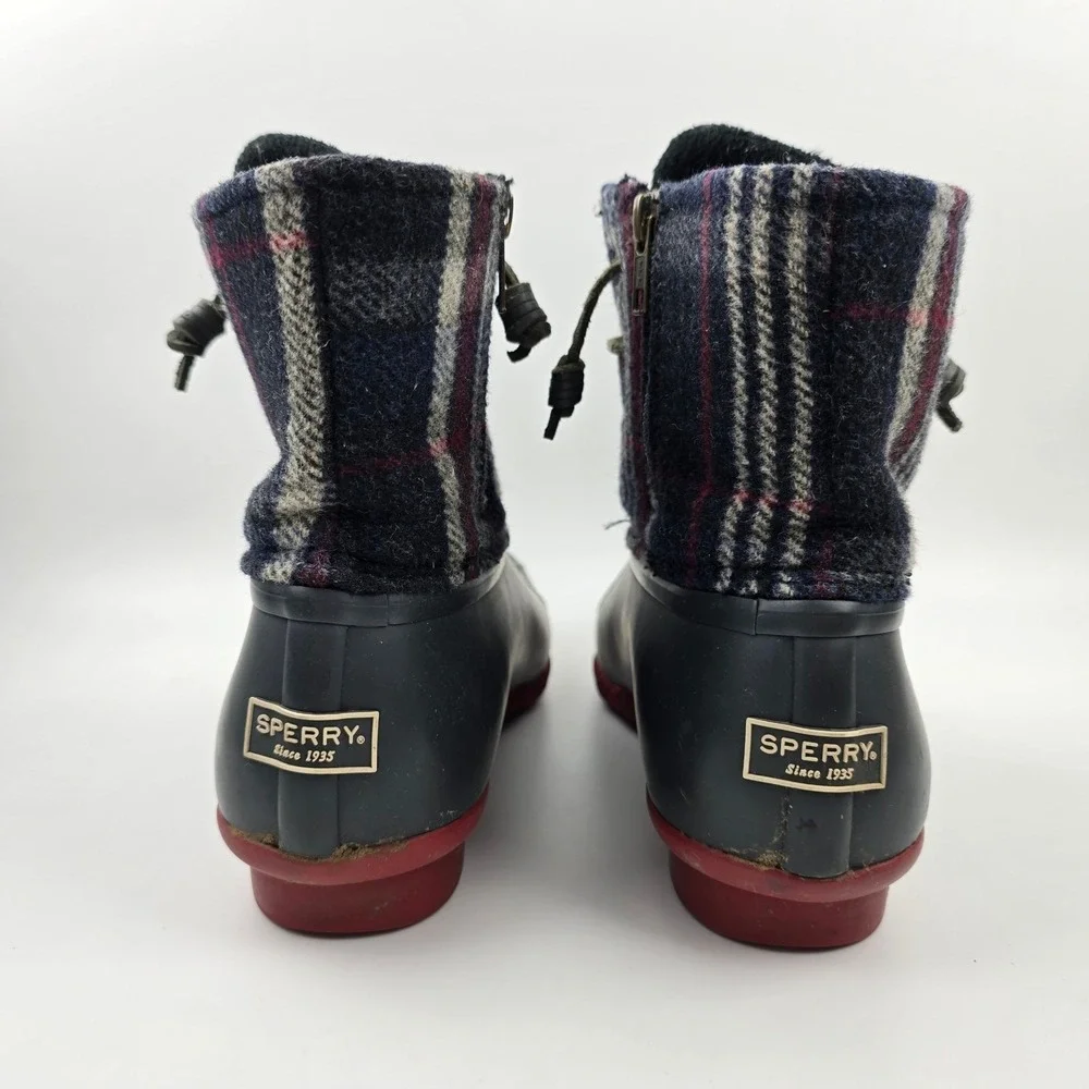 Sperry Saltwater‎ Duck Boots Womens 10 M Blue Red Wool Plaid Waterproof Rubber